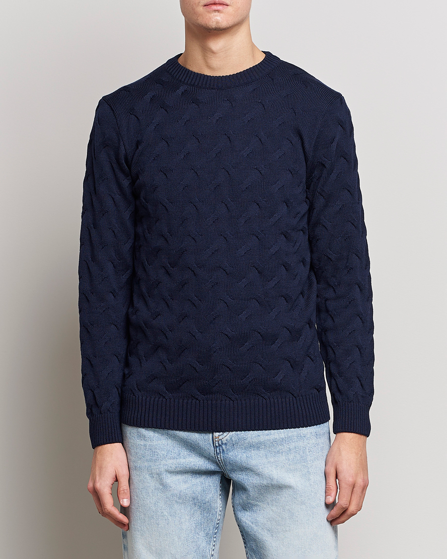Herren | Pullover | Stenströms | Heavy Cable Merino Crew Neck Navy