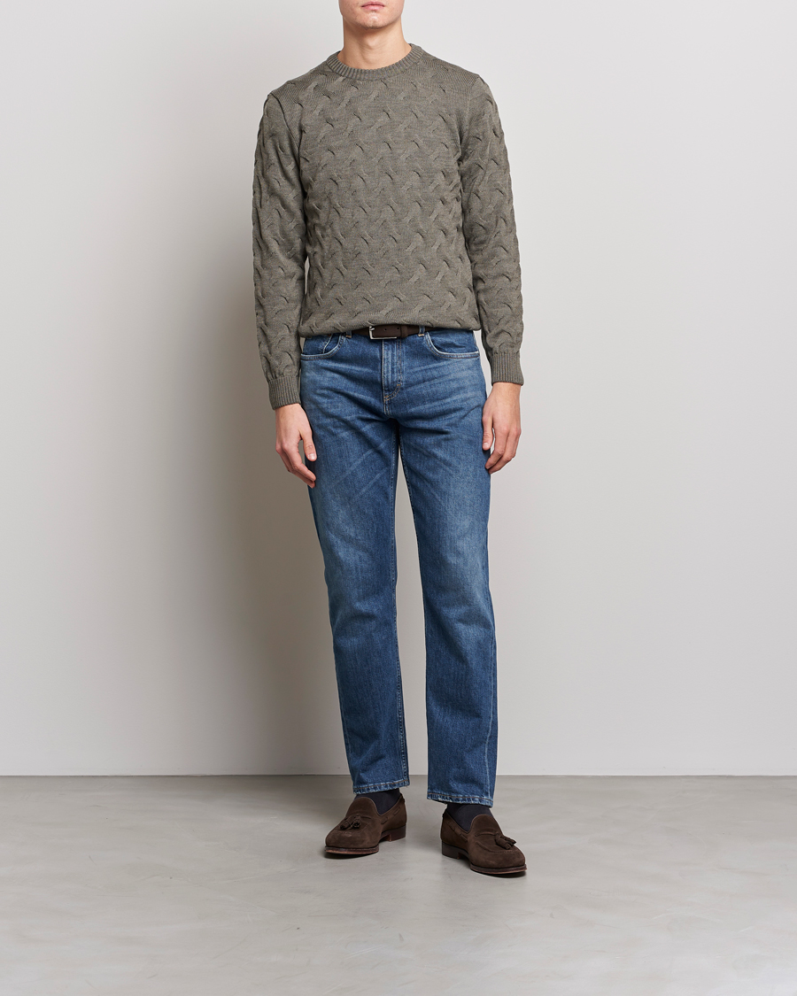 Herren | Pullover | Stenströms | Heavy Cable Merino Crew Neck Olive