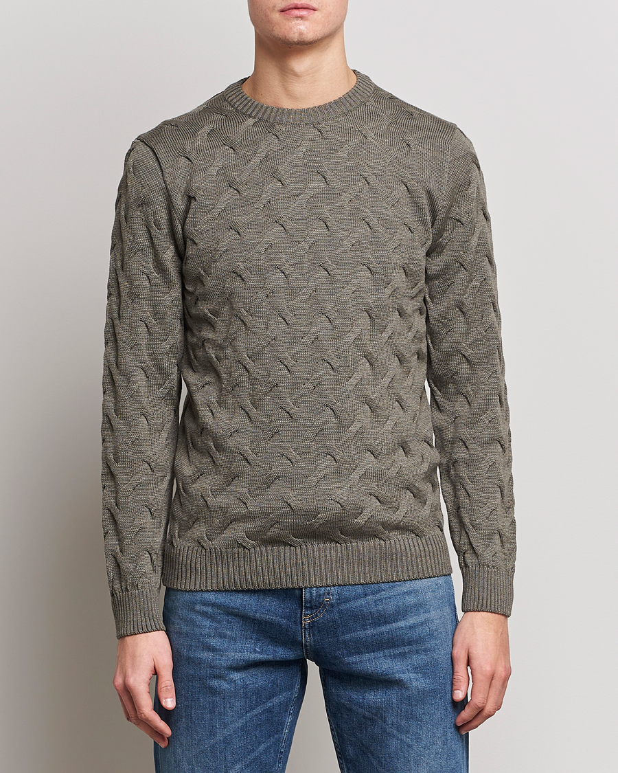 Herren |  | Stenströms | Heavy Cable Merino Crew Neck Olive