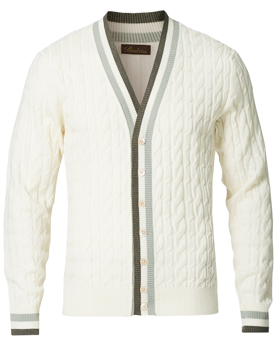 Herren | Pullover | Stenströms | Contrast Merino Cable Cardigan White