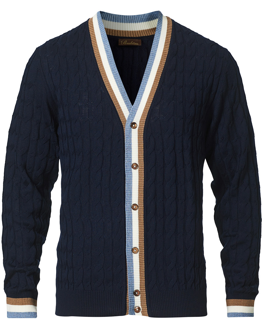 Herren | Pullover | Stenströms | Contrast Merino Cable Cardigan Navy