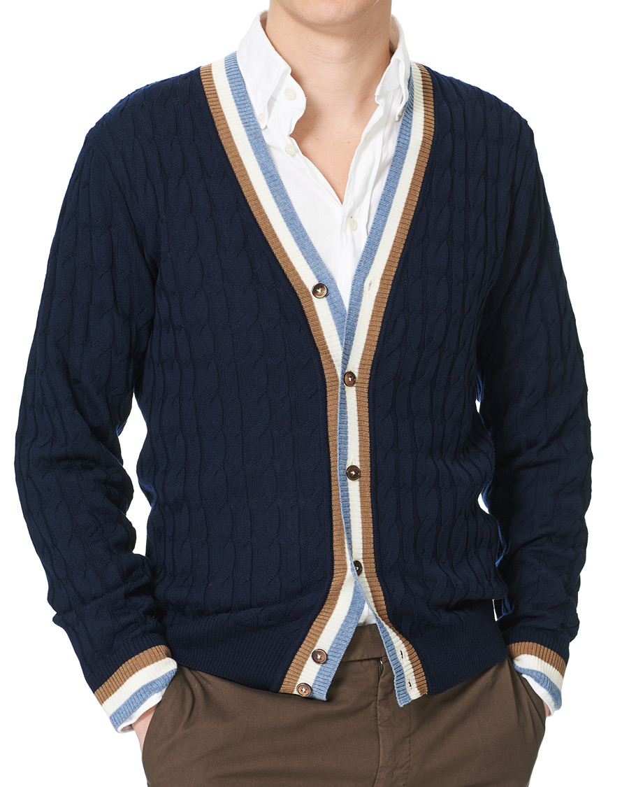 Herren | Pullover | Stenströms | Contrast Merino Cable Cardigan Navy