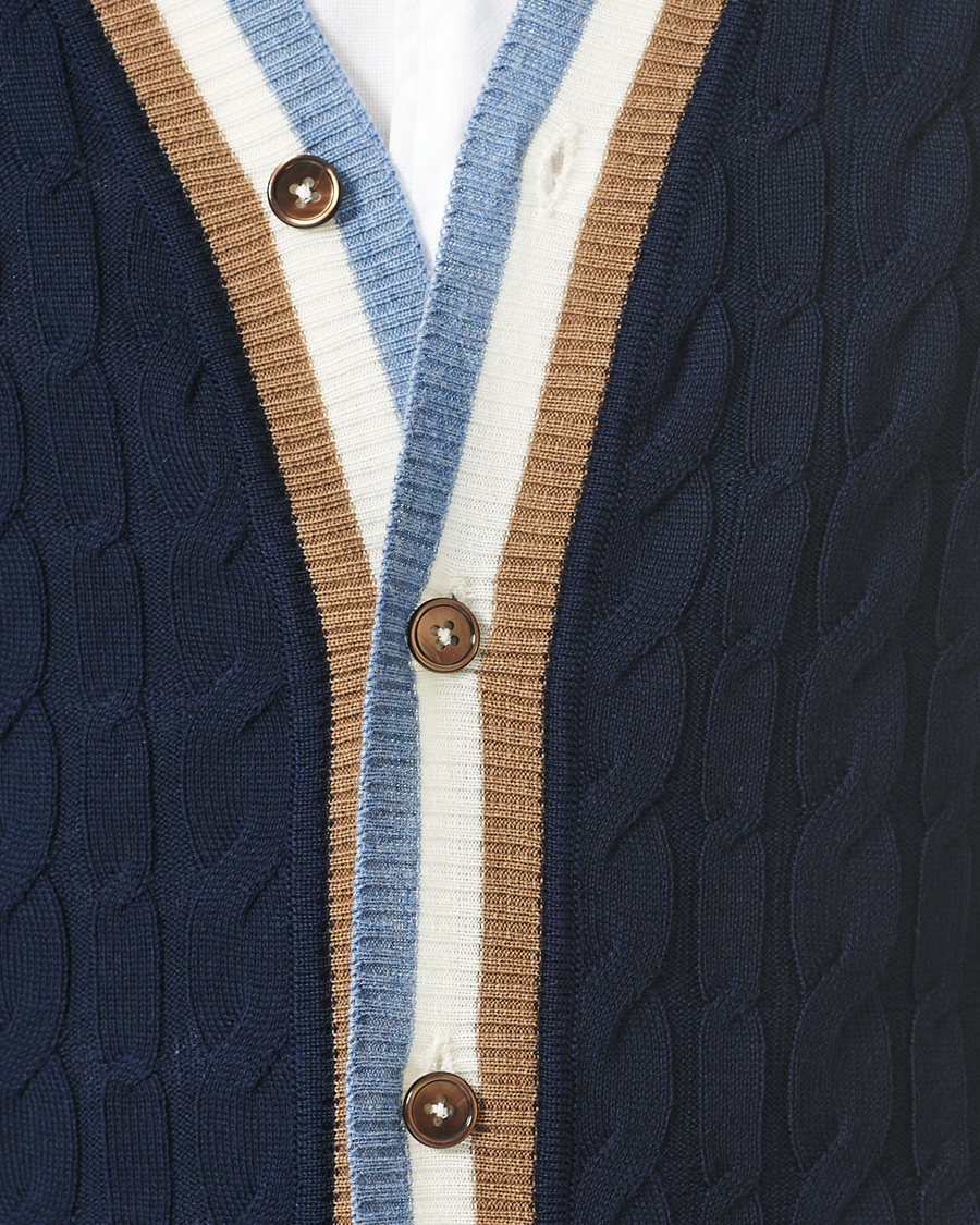 Herren | Pullover | Stenströms | Contrast Merino Cable Cardigan Navy