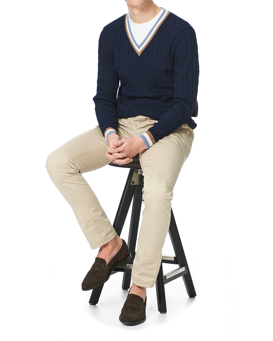 Herren | Pullover | Stenströms | Contast Merino Cable V-Neck Navy