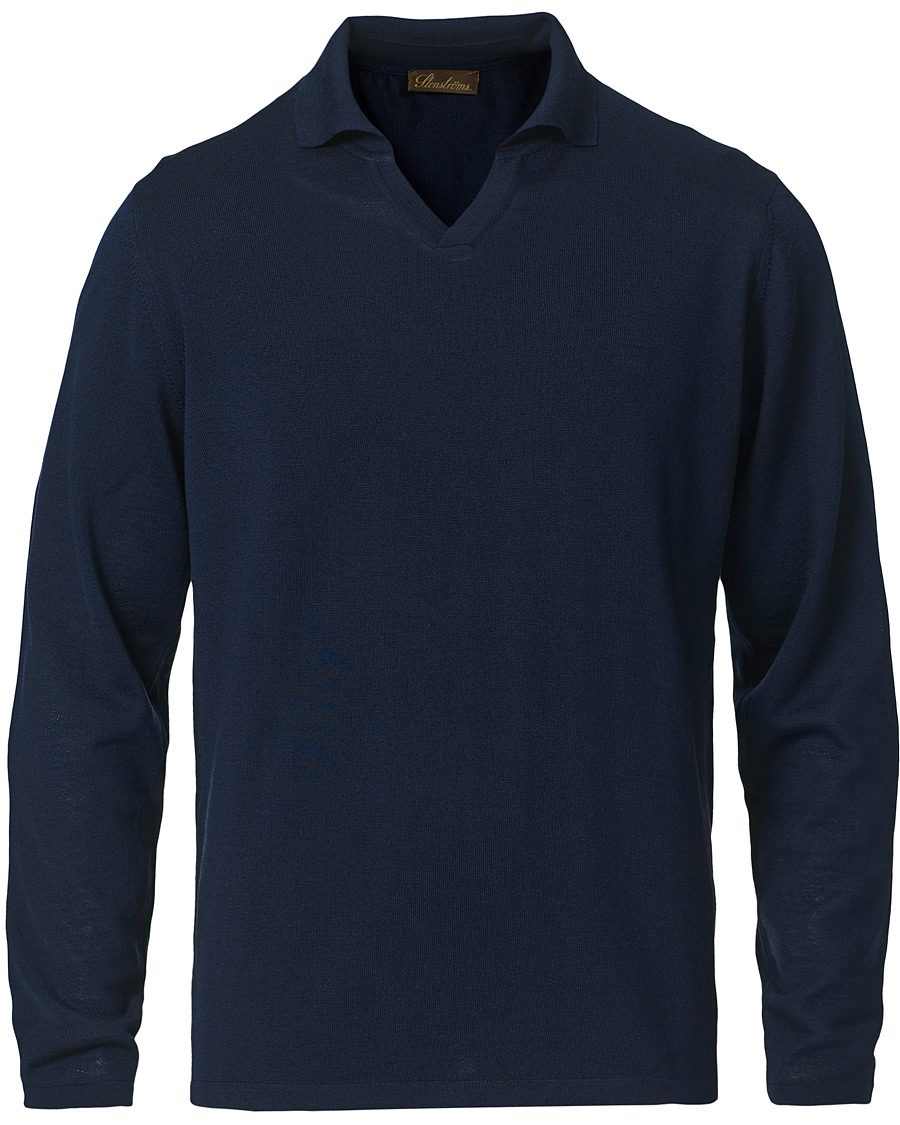 Herren | Pullover | Stenströms | Fine Merino Long Sleeve Polo Navy