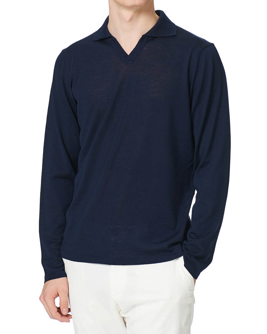 Herren | Pullover | Stenströms | Fine Merino Long Sleeve Polo Navy