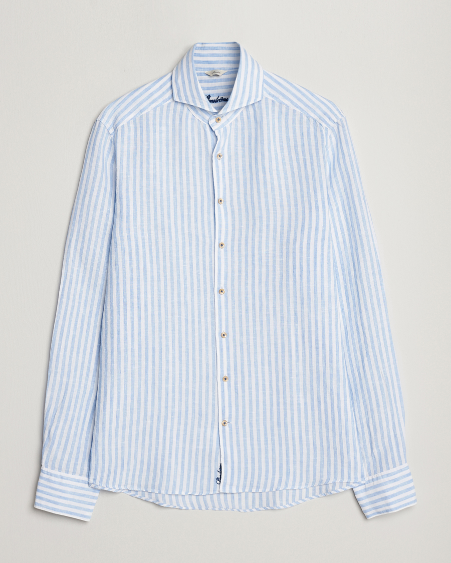 Herren | Hemden | Stenströms | Slimline Cut Away Striped Linen Shirt Light Blue