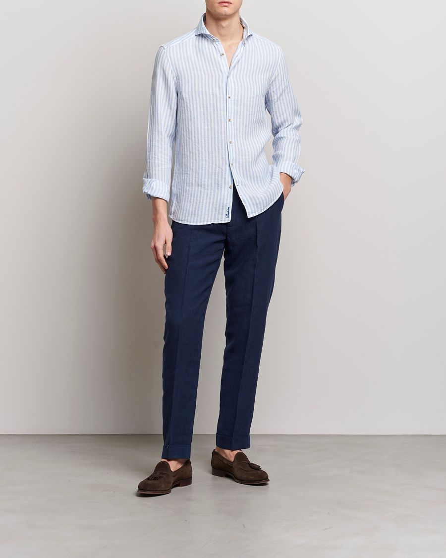 Herren | Hemden | Stenströms | Slimline Cut Away Striped Linen Shirt Light Blue
