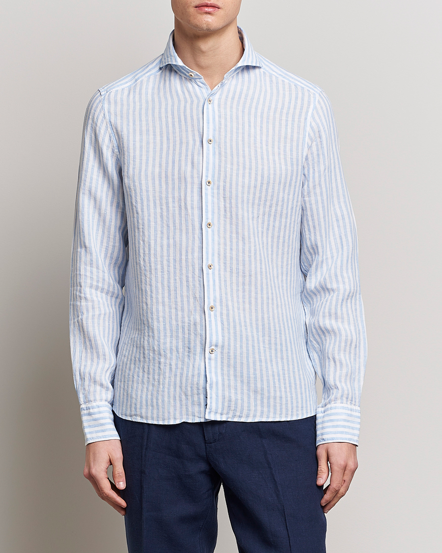 Herren | Hemden | Stenströms | Slimline Cut Away Striped Linen Shirt Light Blue