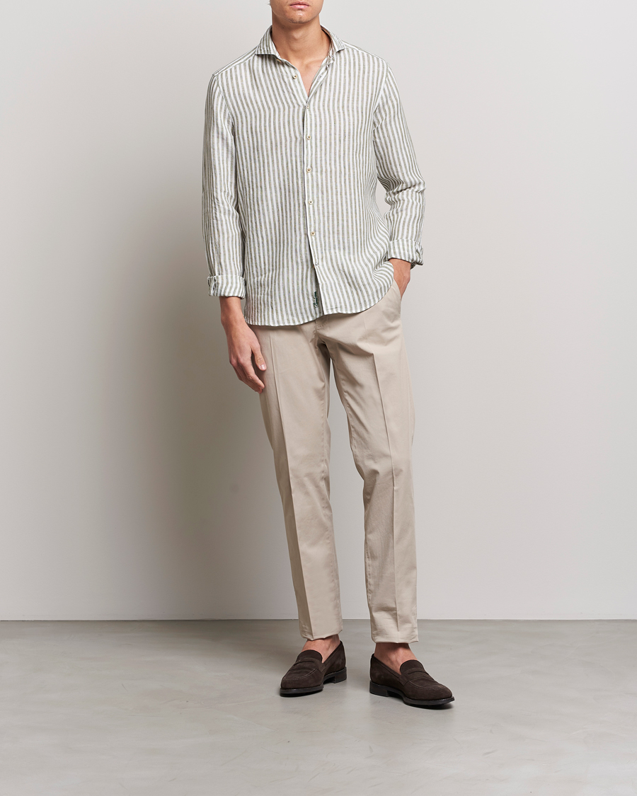 Herren | Hemden | Stenströms | Slimline Cut Away Striped Linen Shirt Green