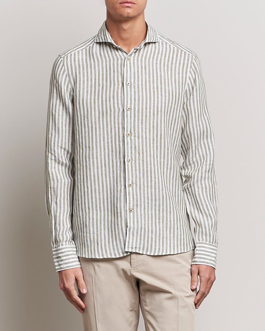 Herren | Hemden | Stenströms | Slimline Cut Away Striped Linen Shirt Green