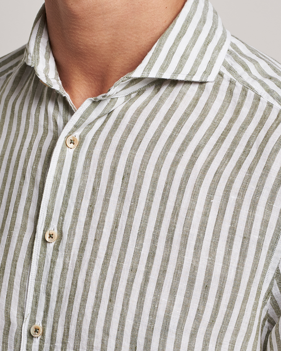 Herren | Hemden | Stenströms | Slimline Cut Away Striped Linen Shirt Green