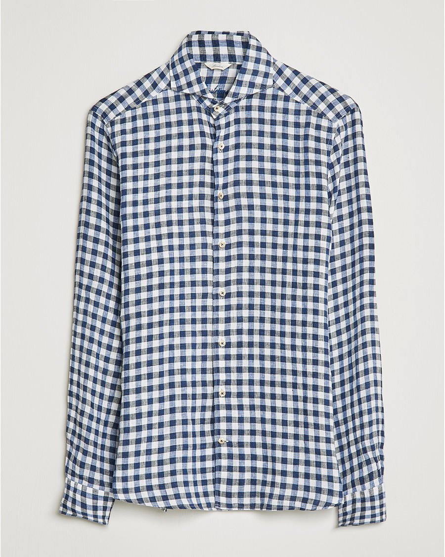 Herren | Hemden | Stenströms | Slimline Cut Away Gingham Linen Shirt Blue
