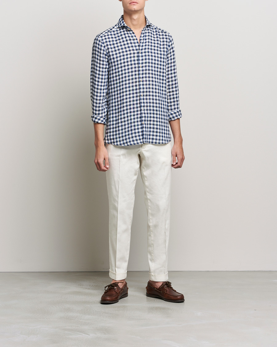 Herren | Hemden | Stenströms | Slimline Cut Away Gingham Linen Shirt Blue