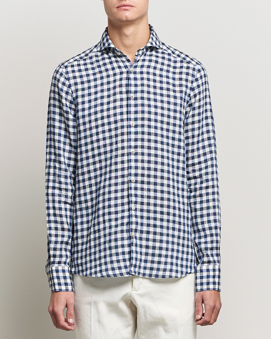 Herren | Hemden | Stenströms | Slimline Cut Away Gingham Linen Shirt Blue
