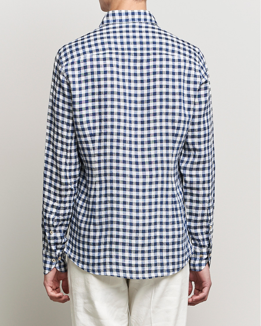 Herren | Hemden | Stenströms | Slimline Cut Away Gingham Linen Shirt Blue