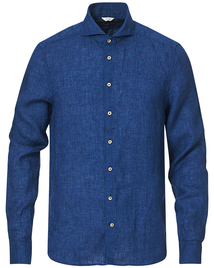 Herren | Hemden | Stenströms | Slimline Cut Away Linen Shirt Dark Blue
