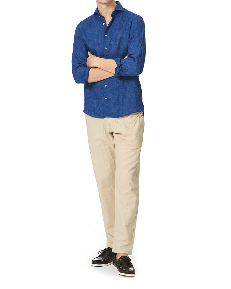 Herren | Hemden | Stenströms | Slimline Cut Away Linen Shirt Dark Blue