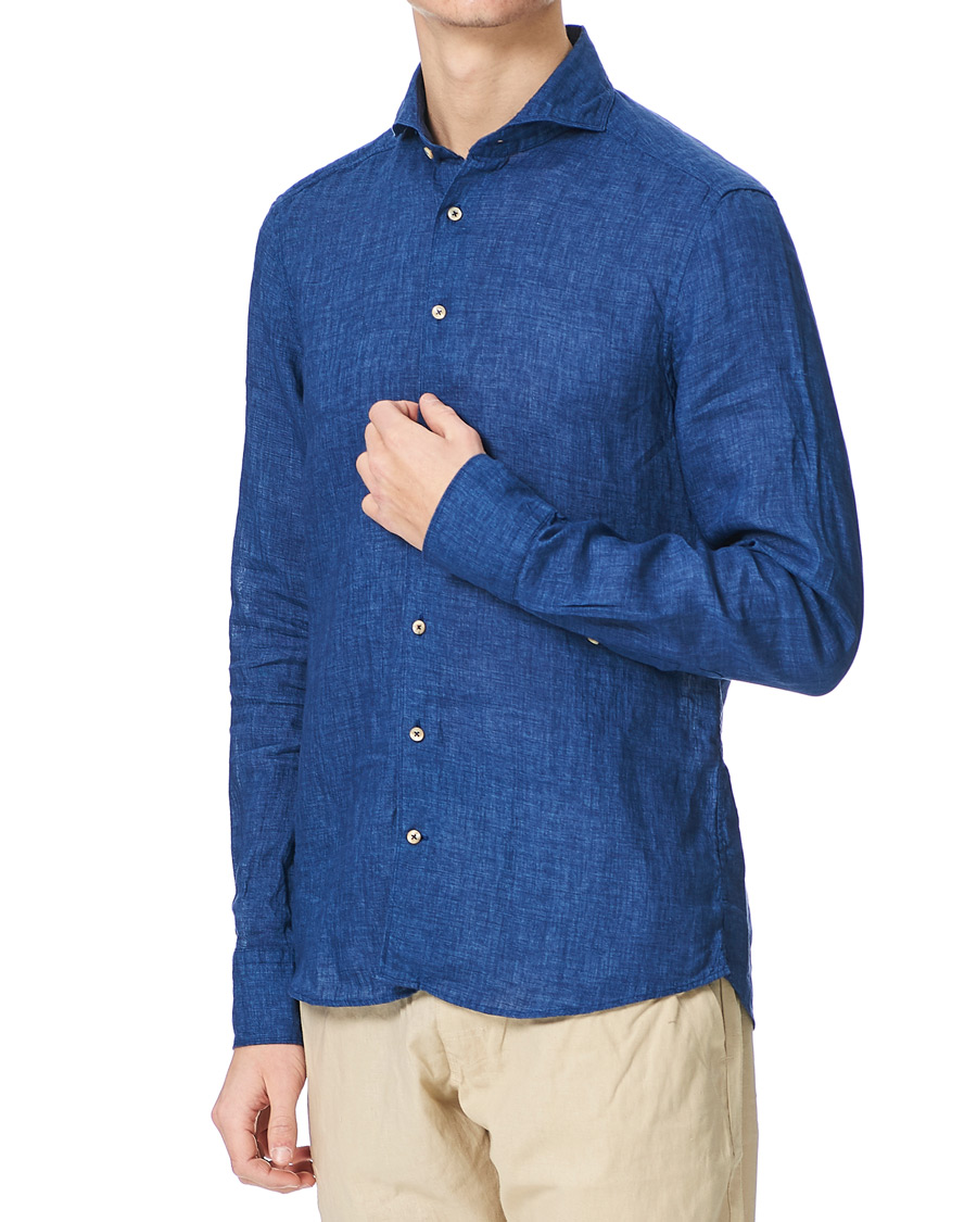 Herren | Hemden | Stenströms | Slimline Cut Away Linen Shirt Dark Blue