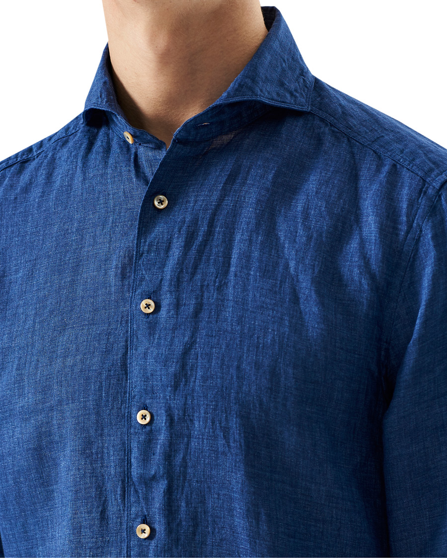 Herren | Hemden | Stenströms | Slimline Cut Away Linen Shirt Dark Blue