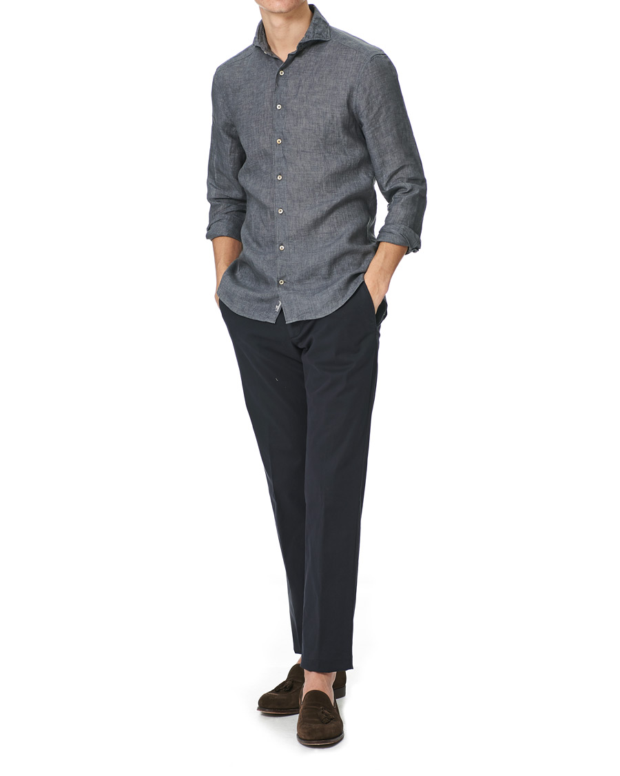 Herren | Hemden | Stenströms | Slimline Cut Away Linen Shirt Dark Grey