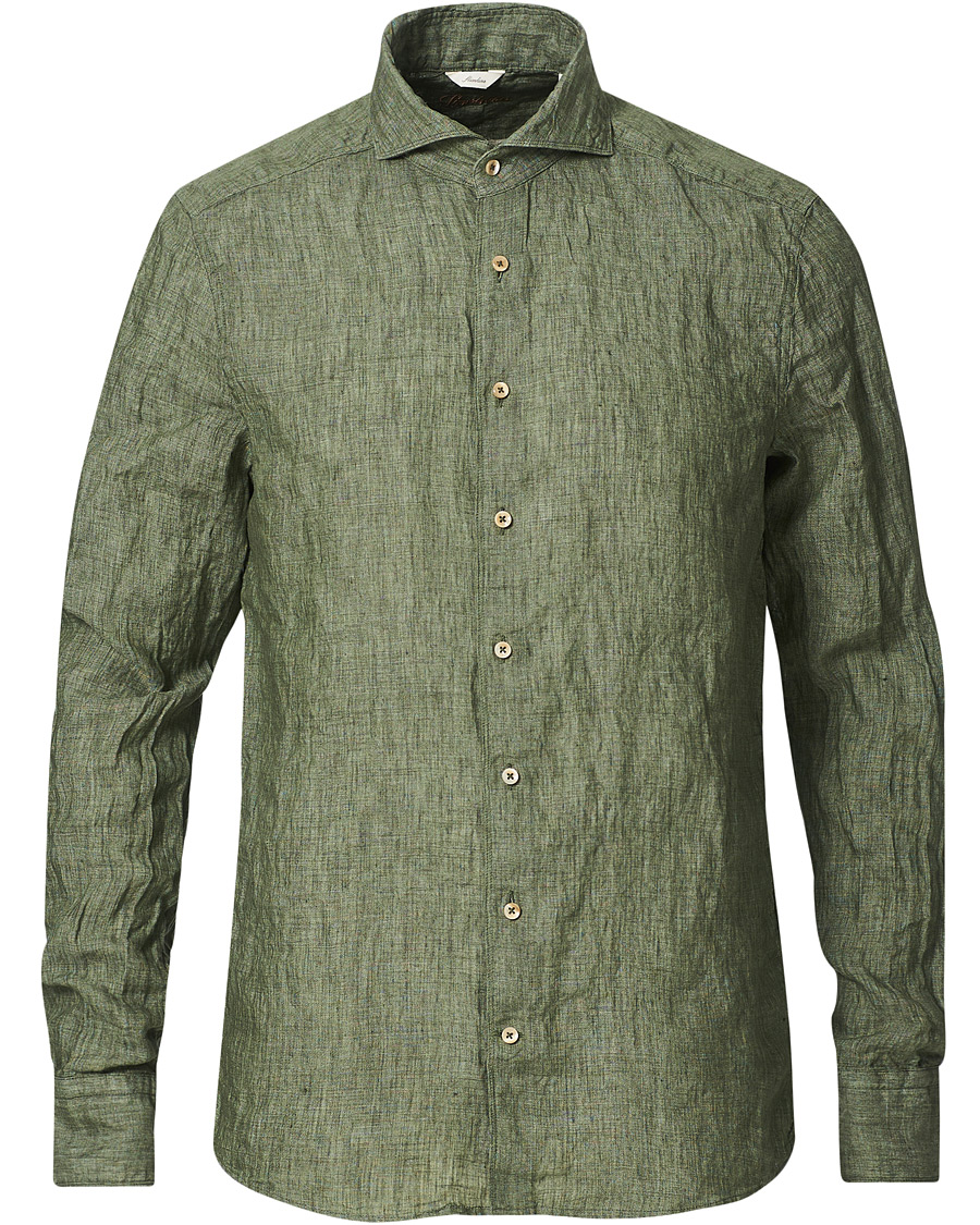 Herren | Hemden | Stenströms | Slimline Cut Away Linen Shirt Olive