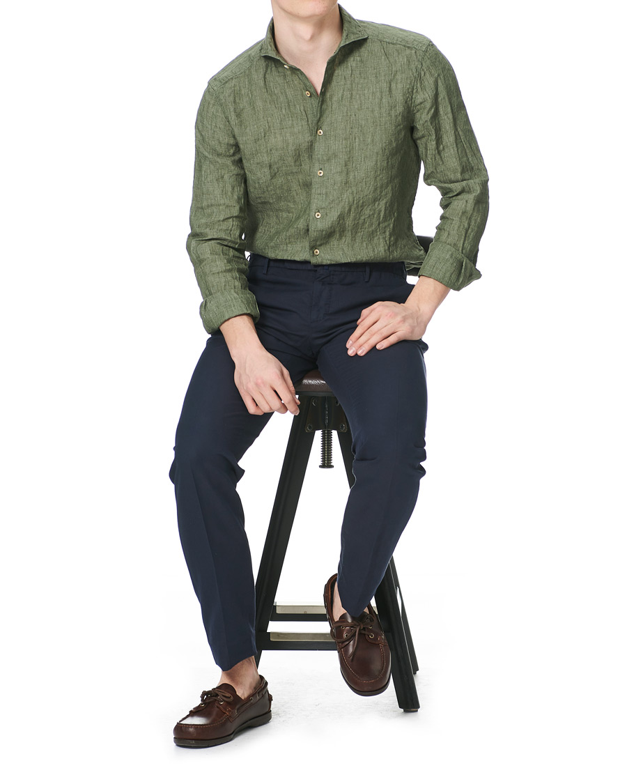 Herren | Hemden | Stenströms | Slimline Cut Away Linen Shirt Olive