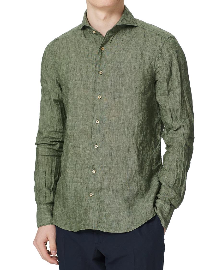 Herren | Hemden | Stenströms | Slimline Cut Away Linen Shirt Olive