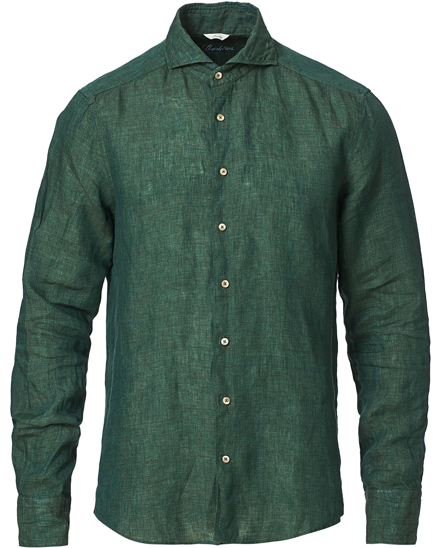 Herren | Hemden | Stenströms | Slimline Cut Away Linen Shirt Dark Green