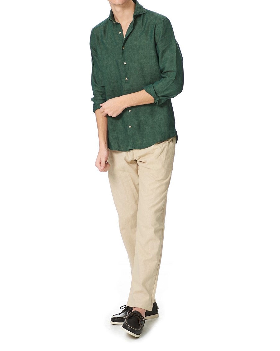 Herren | Hemden | Stenströms | Slimline Cut Away Linen Shirt Dark Green