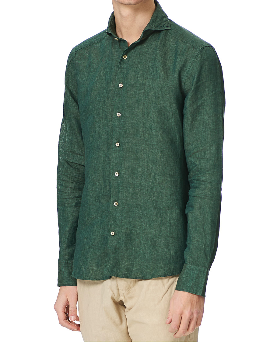 Herren | Hemden | Stenströms | Slimline Cut Away Linen Shirt Dark Green