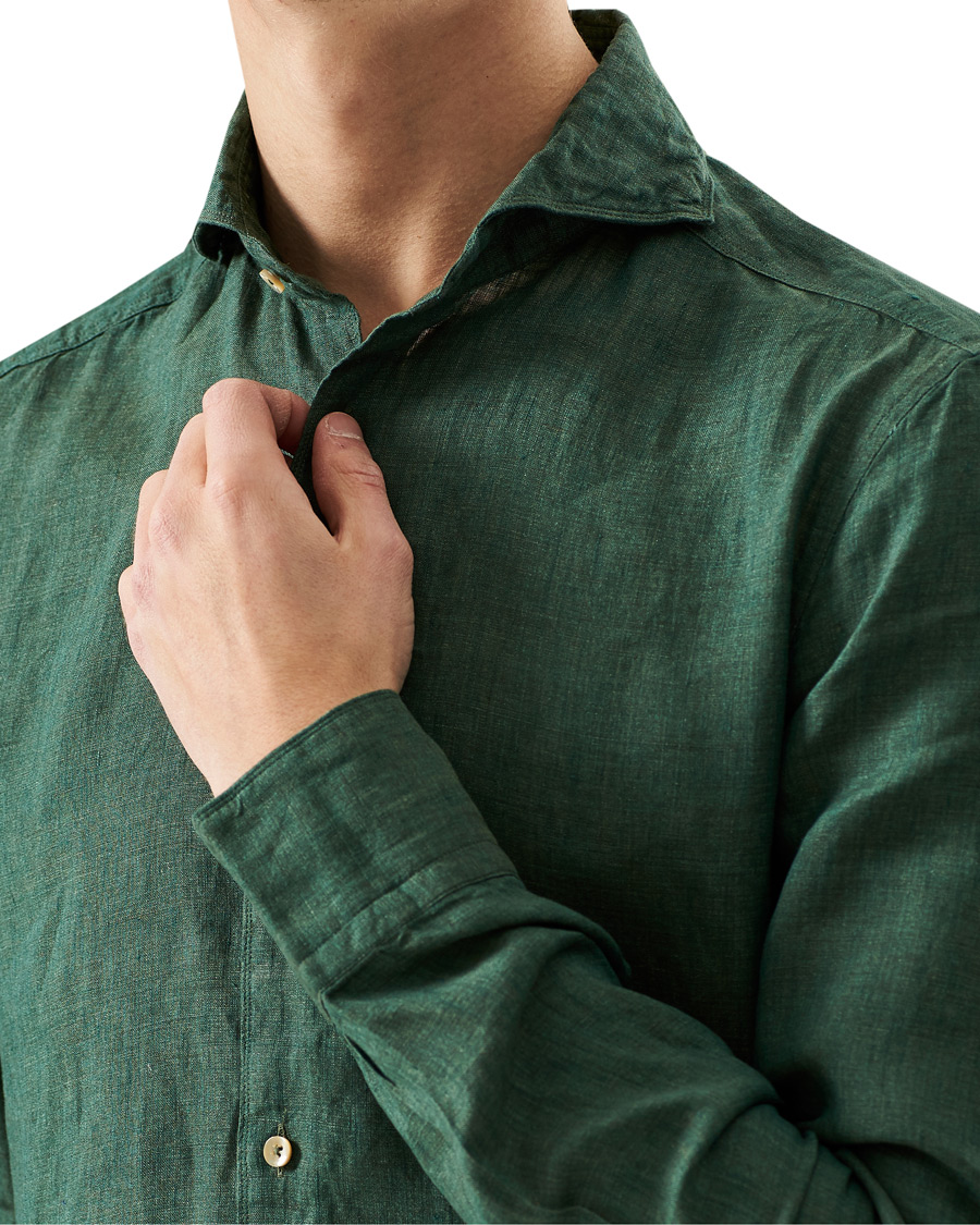 Herren | Hemden | Stenströms | Slimline Cut Away Linen Shirt Dark Green