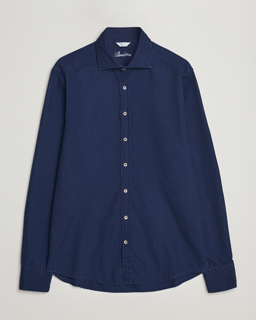 Herren | Hemden | Stenströms | Slimline Washed Structured Denim Shirt Indigo Blue