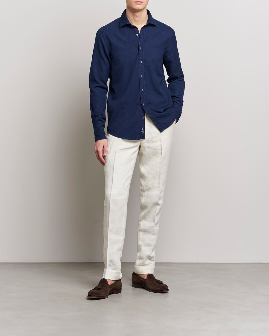Herren | Hemden | Stenströms | Slimline Washed Structured Denim Shirt Indigo Blue