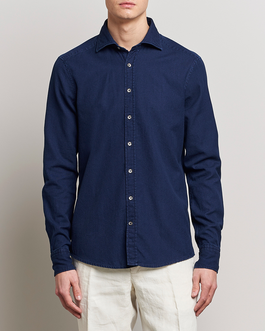 Herren |  | Stenströms | Slimline Washed Structured Denim Shirt Indigo Blue