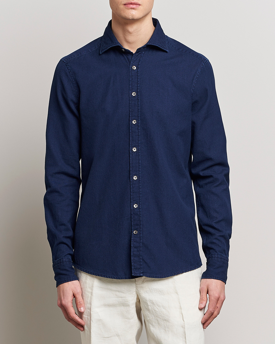 Herren | 40% sale | Stenströms | Slimline Washed Structured Denim Shirt Indigo Blue