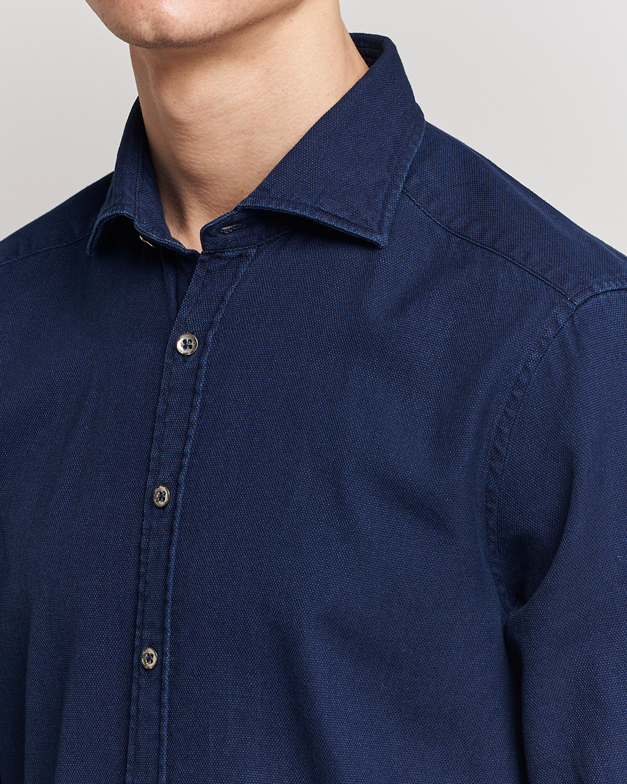 Herren | Hemden | Stenströms | Slimline Washed Structured Denim Shirt Indigo Blue