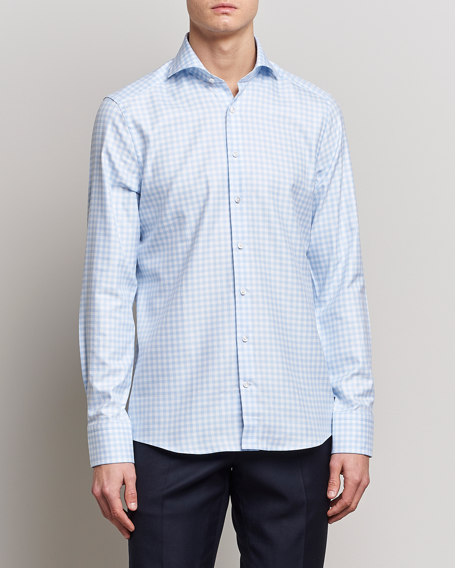 Herren | Hemden | Stenströms | Slimline Checked Cut Away Shirt Light Blue