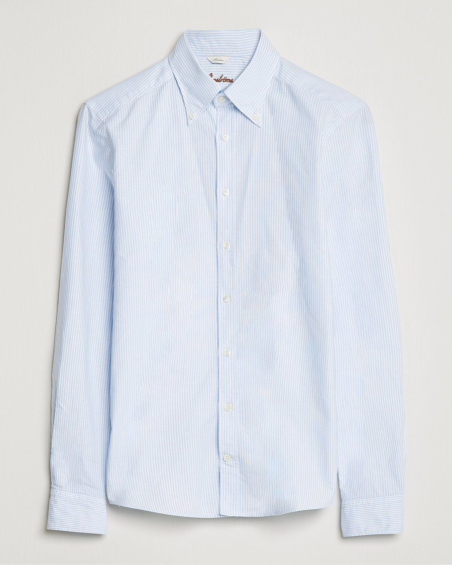 Herren | Hemden | Stenströms | Slimline Washed Striped Oxford Shirt Light Blue