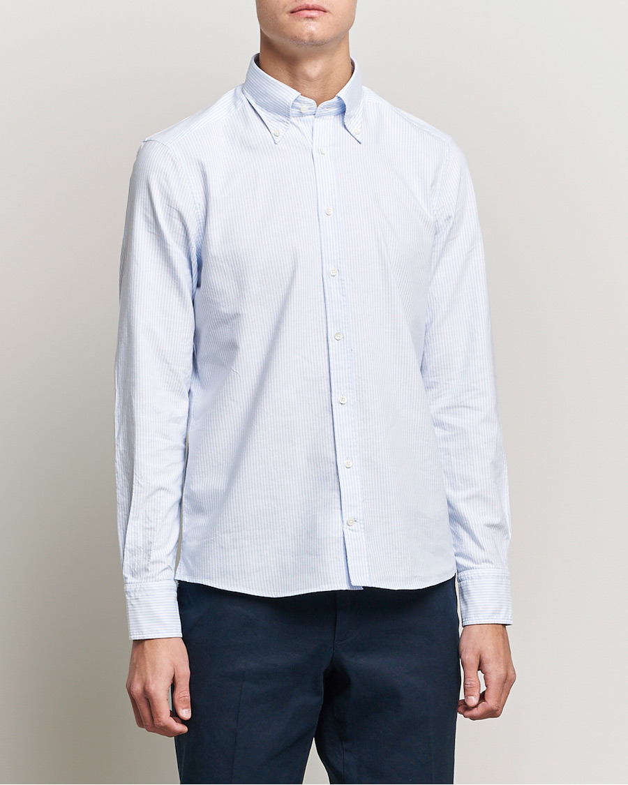 Herr |  | Stenströms | Slimline Washed Striped Oxford Shirt Light Blue