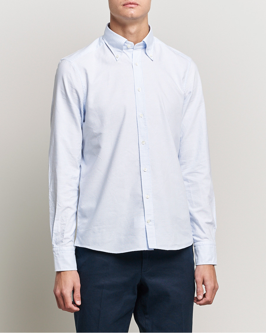 Herren | Hemden | Stenströms | Slimline Washed Striped Oxford Shirt Light Blue