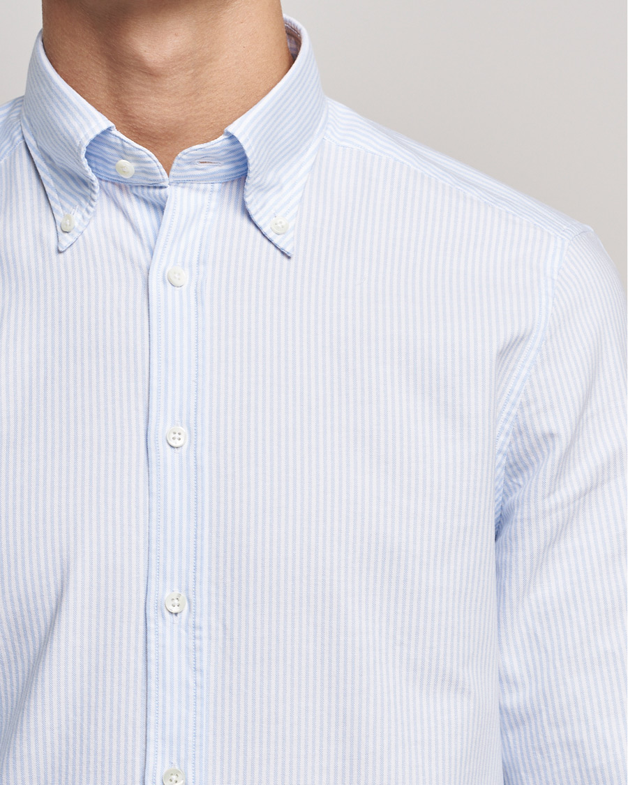 Herren | Hemden | Stenströms | Slimline Washed Striped Oxford Shirt Light Blue