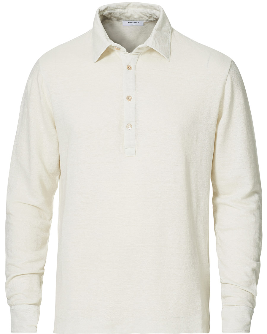 Herren | Pullover | Boglioli | Washed Linen Long Sleeve Polo White