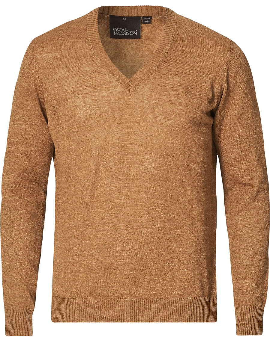 Herren | Pullover | Oscar Jacobson | Lionel Linen/Cotton V-Neck Brown