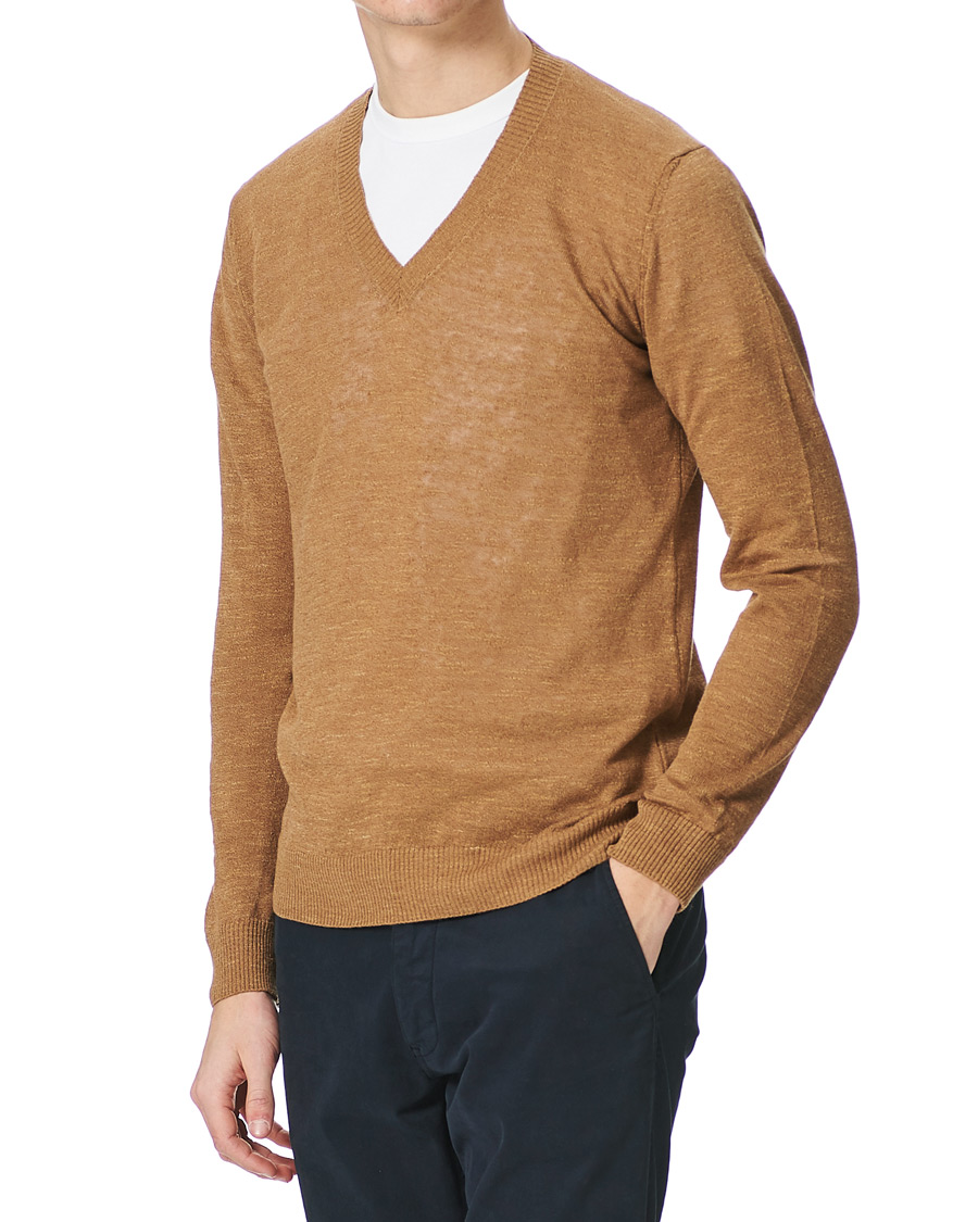 Herren | Pullover | Oscar Jacobson | Lionel Linen/Cotton V-Neck Brown