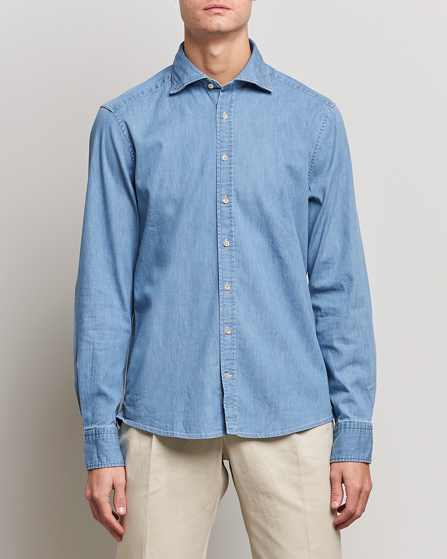 Herren | Hemden | Stenströms | Slimline Garment Washed Shirt Light Denim
