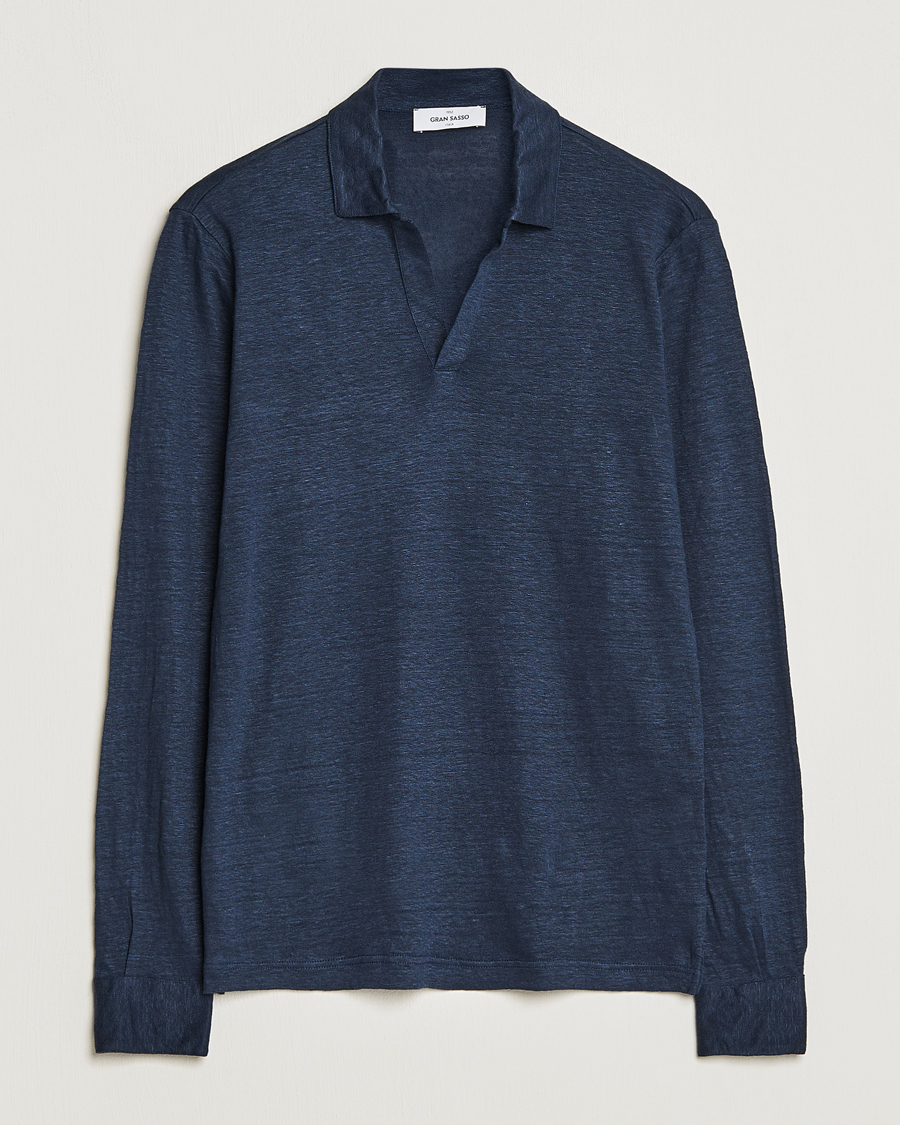 Herren | Poloshirts | Gran Sasso | Washed Linen Long Sleeve Polo Navy Melange
