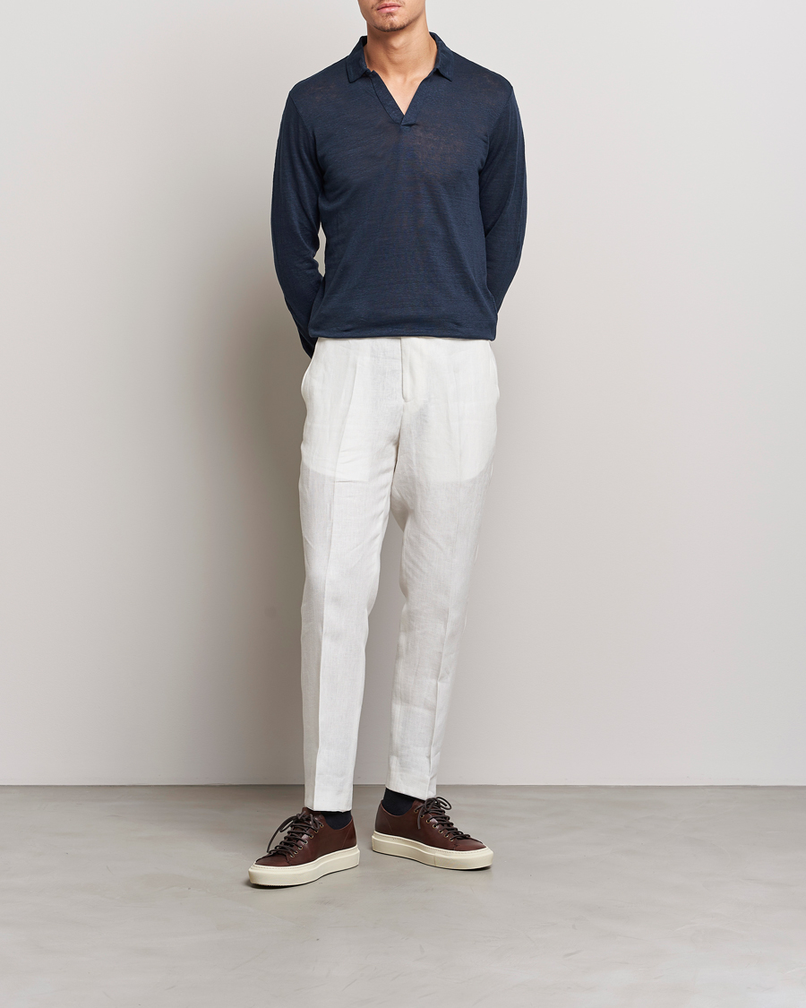 Herren | Poloshirts | Gran Sasso | Washed Linen Long Sleeve Polo Navy Melange
