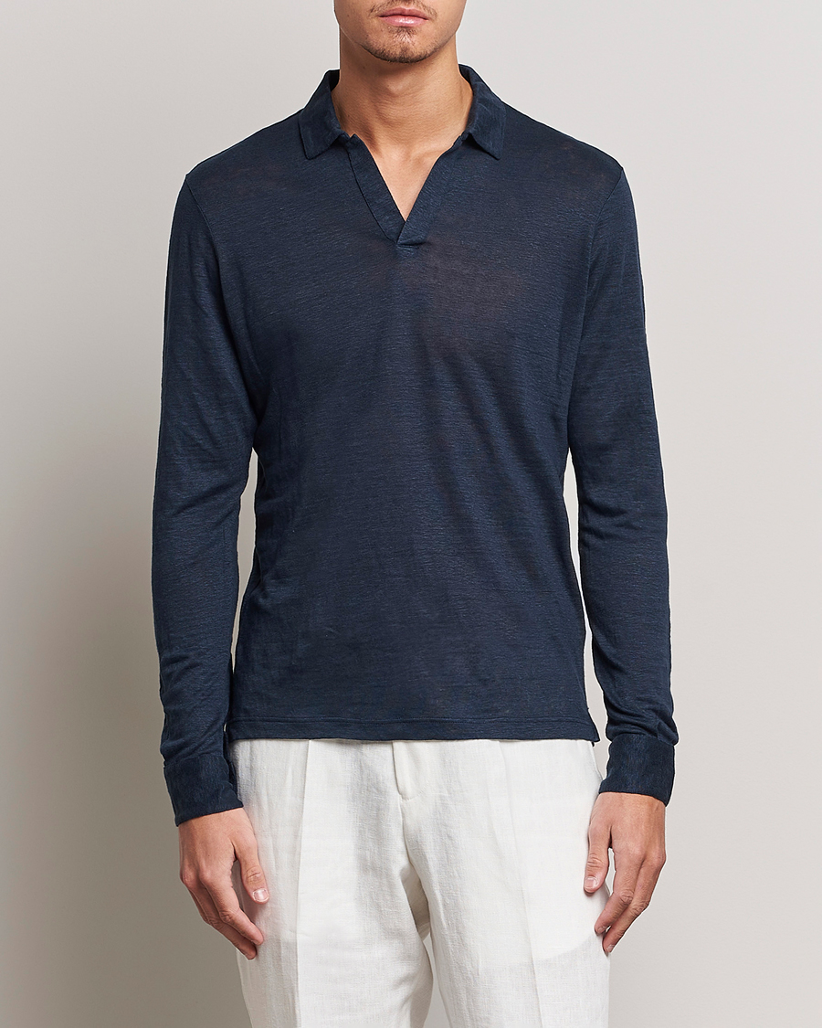 Herren | Poloshirts | Gran Sasso | Washed Linen Long Sleeve Polo Navy Melange