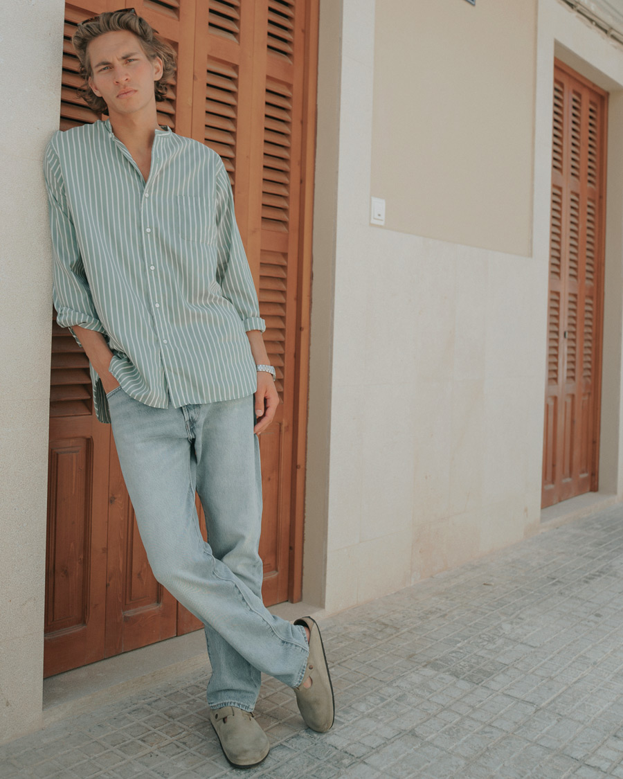 Herren | Hemden | BEAMS PLUS | Band Collar Striped Shirt Green/White